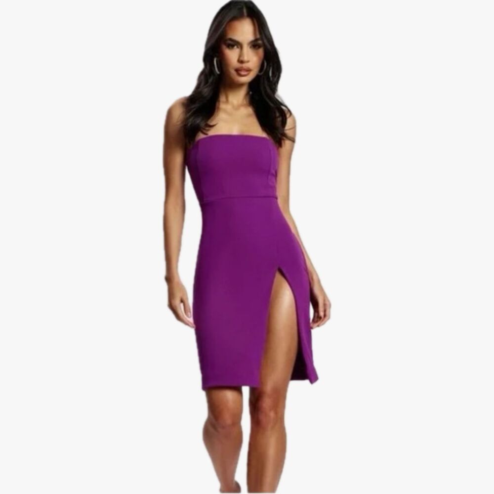 MESHKI Rachel Mini Dress Violet Crepe Bandeau Thigh Split Women's Small NWT